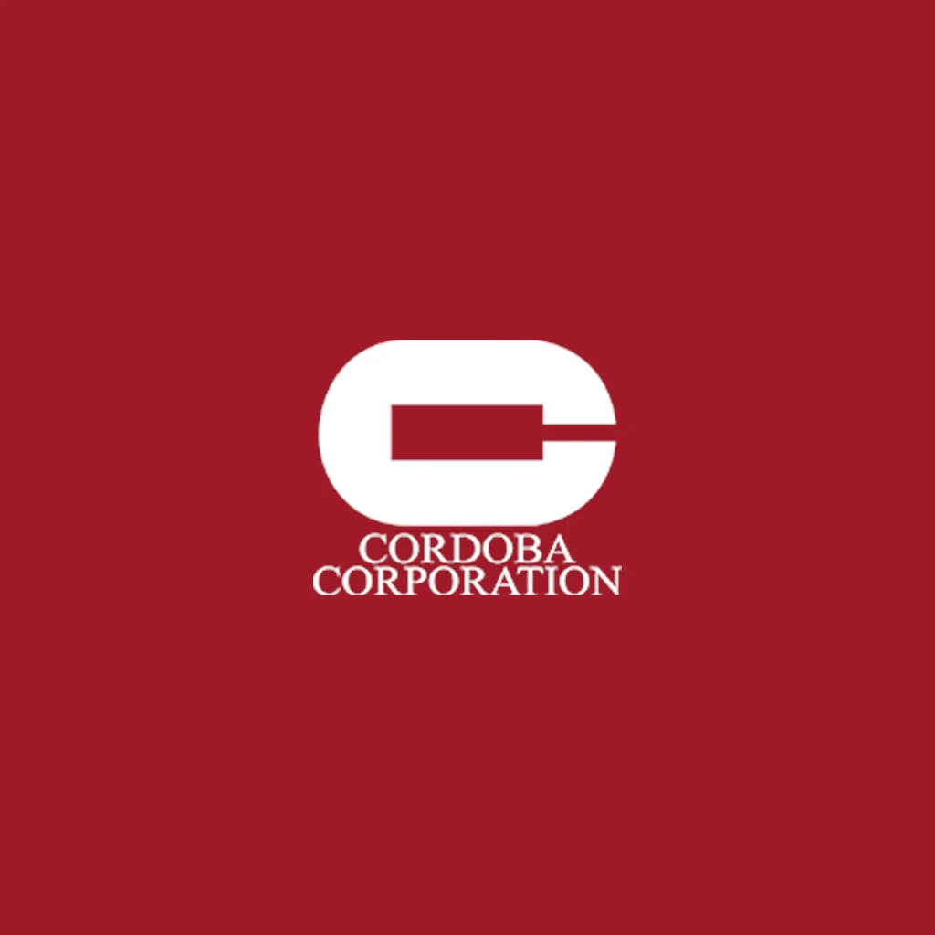 Logo consisting of a stylized white letter "C" that forms a partial enclosure around a negative space, against a solid maroon background. Below the graphic element, the text "CORDOBA CORPORATION" is written in white, capitalized letters, aligned centrally with the logo above.